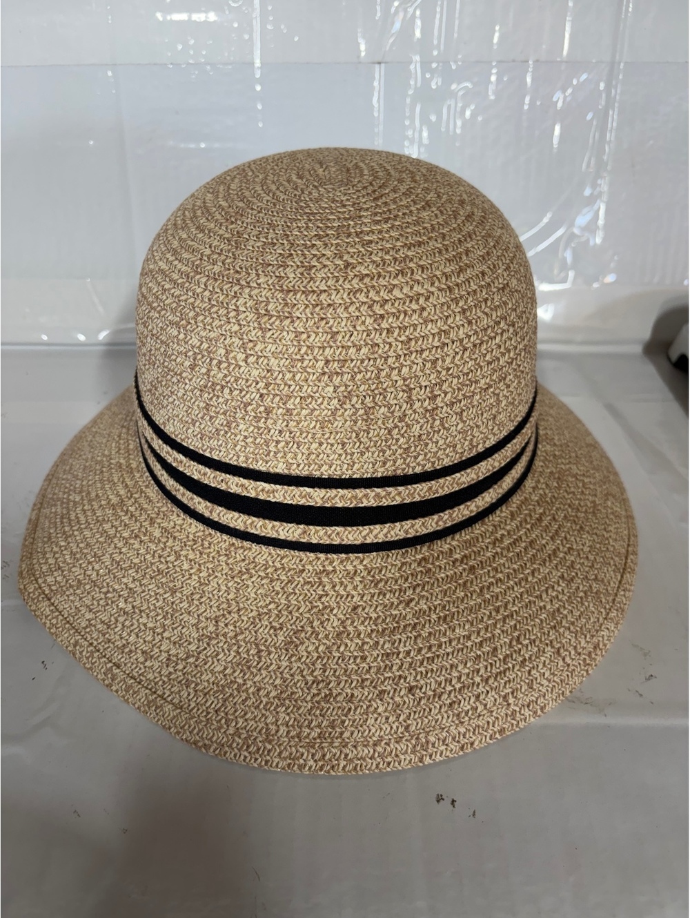 Beige Straw Cloche Hat with Black Ribbon Bow